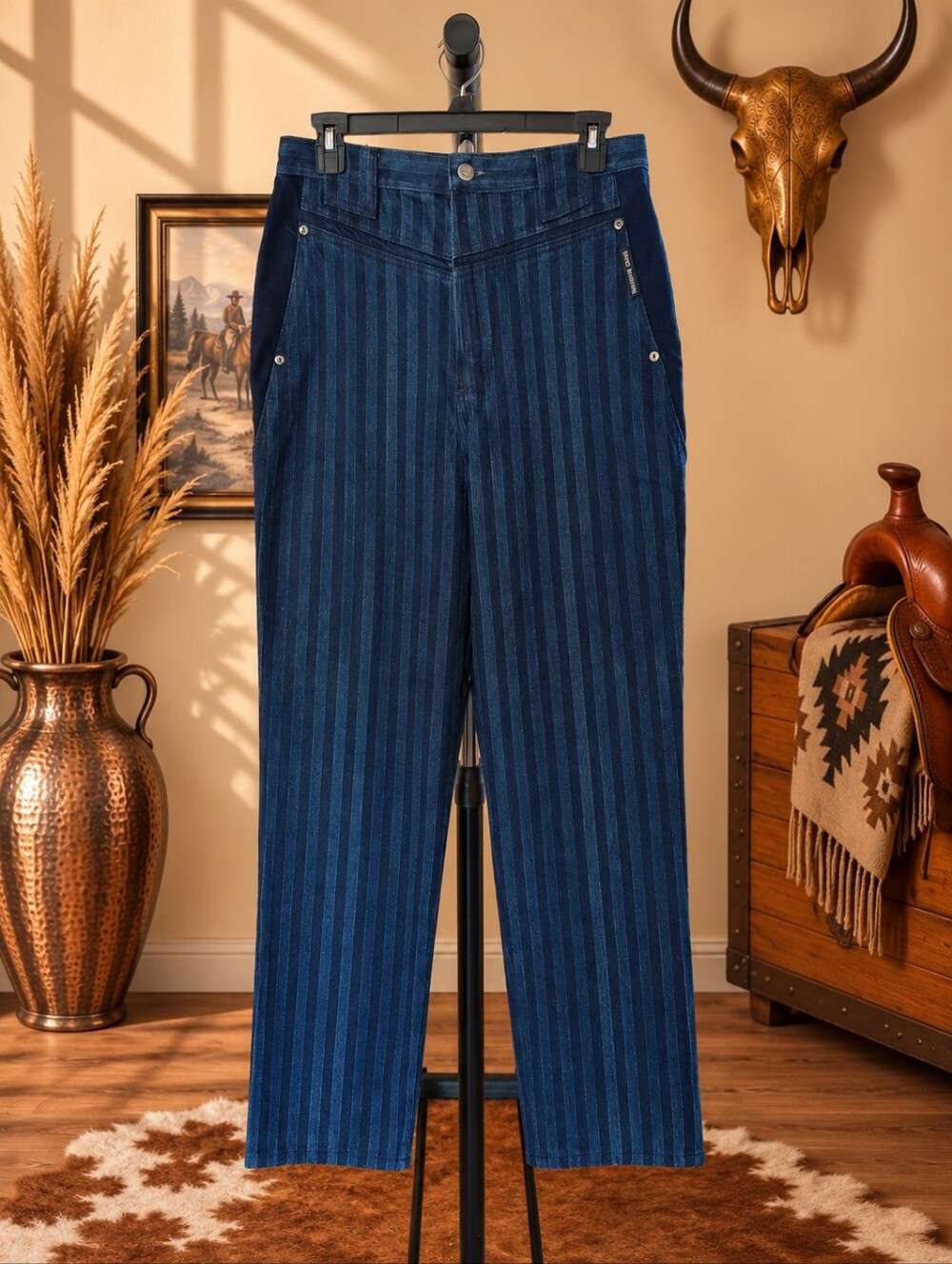 RARE Vintage Rocky Mountain Striped Bareback Western Jeans Made USA, W32 L30.5
